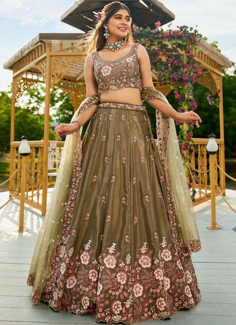 Women's Olive Green Zari Sequence Embroidery Work Lehenga Choli 