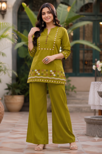 Olive green embroidered short kurti with pants co-ord set for women