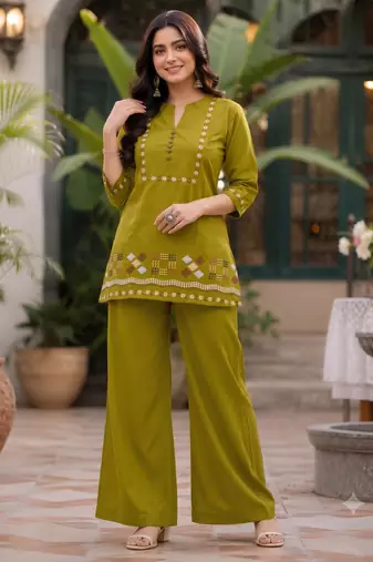olive green embroidered short kurti with pants co-ord set for women
