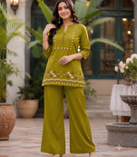 Olive green embroidered short kurti with pants co-ord set for women