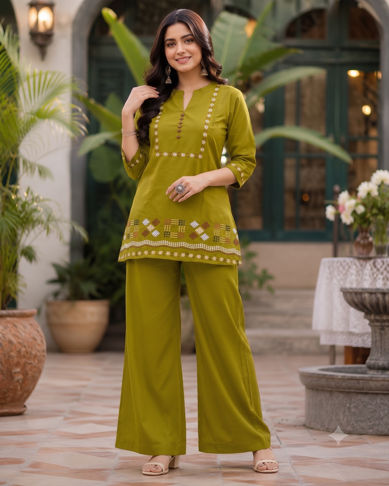 Olive green embroidered short kurti with pants co-ord set for women