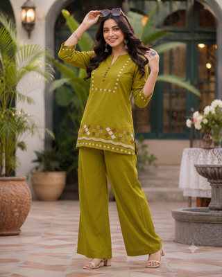 Olive green embroidered short kurti with pants co-ord set for women 2
