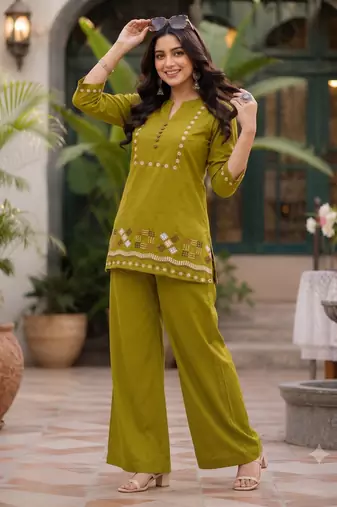 olive green embroidered short kurti with pants co-ord set for women