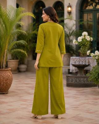 Olive green embroidered short kurti with pants co-ord set for women 3
