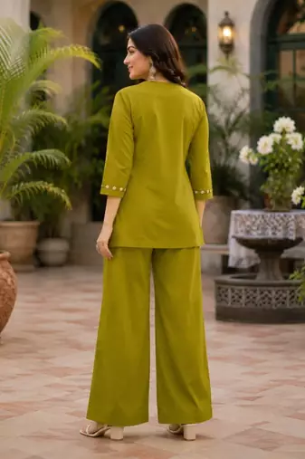 olive green embroidered short kurti with pants co-ord set for women