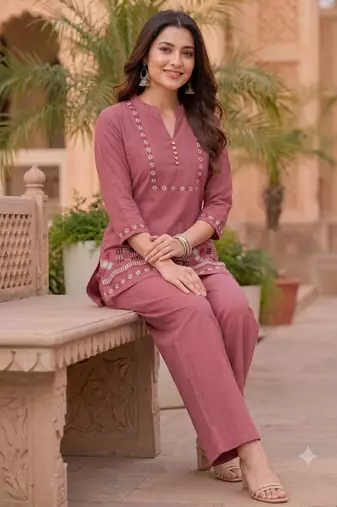 oniun embroidered short kurti with pants co-ord set for women
