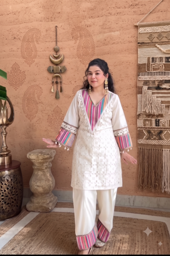 festive off-white cotton straight kurti with palazzo set