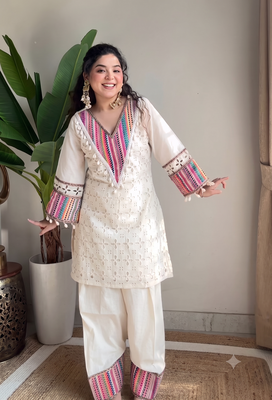 Festive off-white cotton straight kurti with palazzo set 1