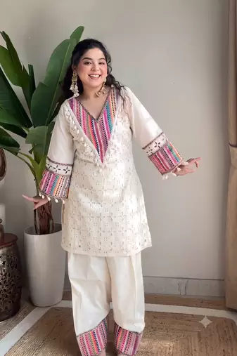 Festive off-white cotton straight kurti with palazzo set