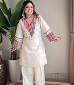 Festive off-white cotton straight kurti with palazzo set