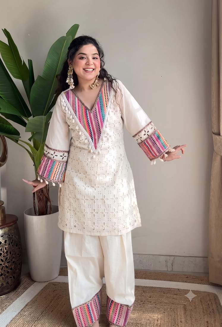Festive off-white cotton straight kurti with palazzo set
