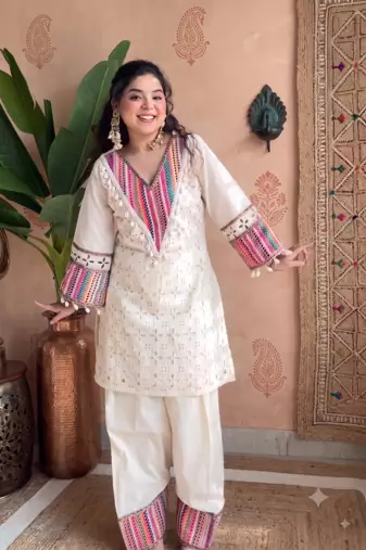 festive off-white cotton straight kurti with palazzo set