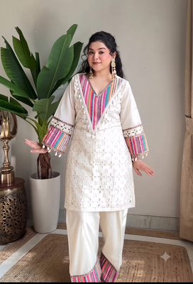 Festive off-white cotton straight kurti with palazzo set 2