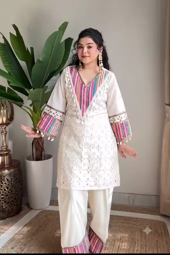Festive off-white cotton straight kurti with palazzo set