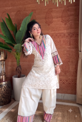 festive off-white cotton straight kurti with palazzo set 3