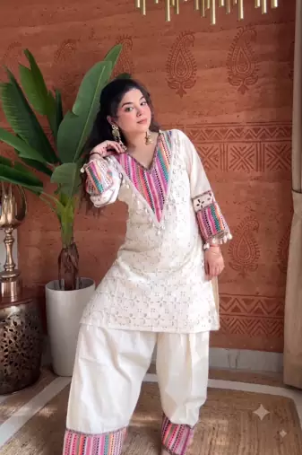 festive off-white cotton straight kurti with palazzo set