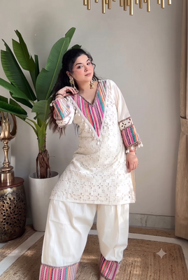 Festive off-white cotton straight kurti with palazzo set 3