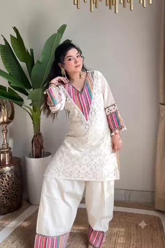 Festive off-white cotton straight kurti with palazzo set