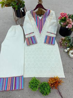 Festive off-white cotton straight kurti with palazzo set 4