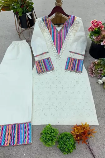 Festive off-white cotton straight kurti with palazzo set