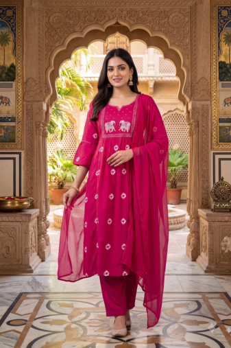 elephant embroidery bandhani kurti set with dupatta