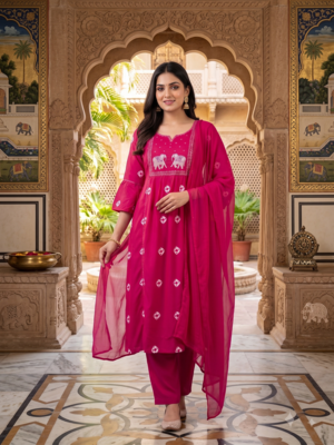 elephant embroidery bandhani kurti set with dupatta 1