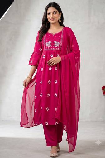 Elephant embroidery bandhani kurti set with dupatta