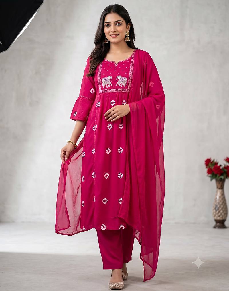 Elephant embroidery bandhani kurti set with dupatta