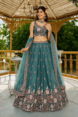 Women's Teal Green Zari Sequence Embroidery Work Lehenga Choli 1