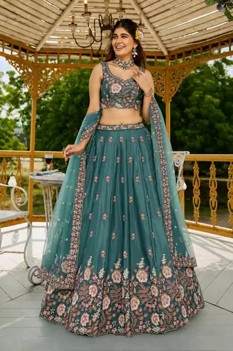 Women's Teal Green Zari Sequence Embroidery Work Lehenga Choli
