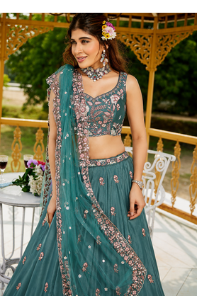 Women's Teal Green Zari Sequence Embroidery Work Lehenga Choli 2