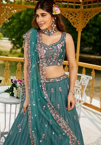 Women's Teal Green Zari Sequence Embroidery Work Lehenga Choli