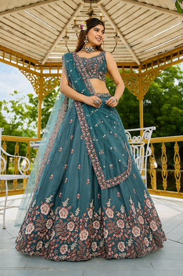 Women's Teal Green Zari Sequence Embroidery Work Lehenga Choli 3