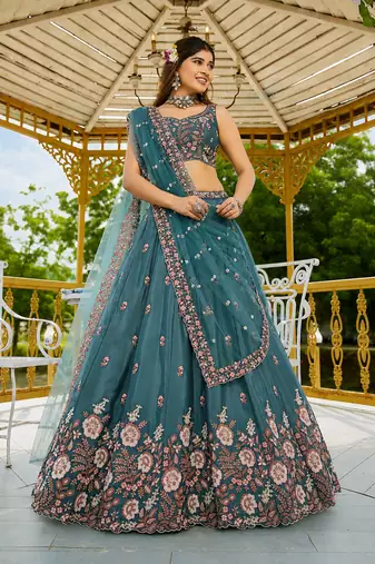 Women's Teal Green Zari Sequence Embroidery Work Lehenga Choli