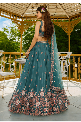 Women's Teal Green Zari Sequence Embroidery Work Lehenga Choli 4