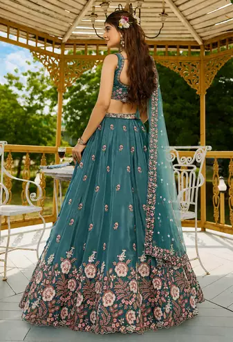 Women's Teal Green Zari Sequence Embroidery Work Lehenga Choli