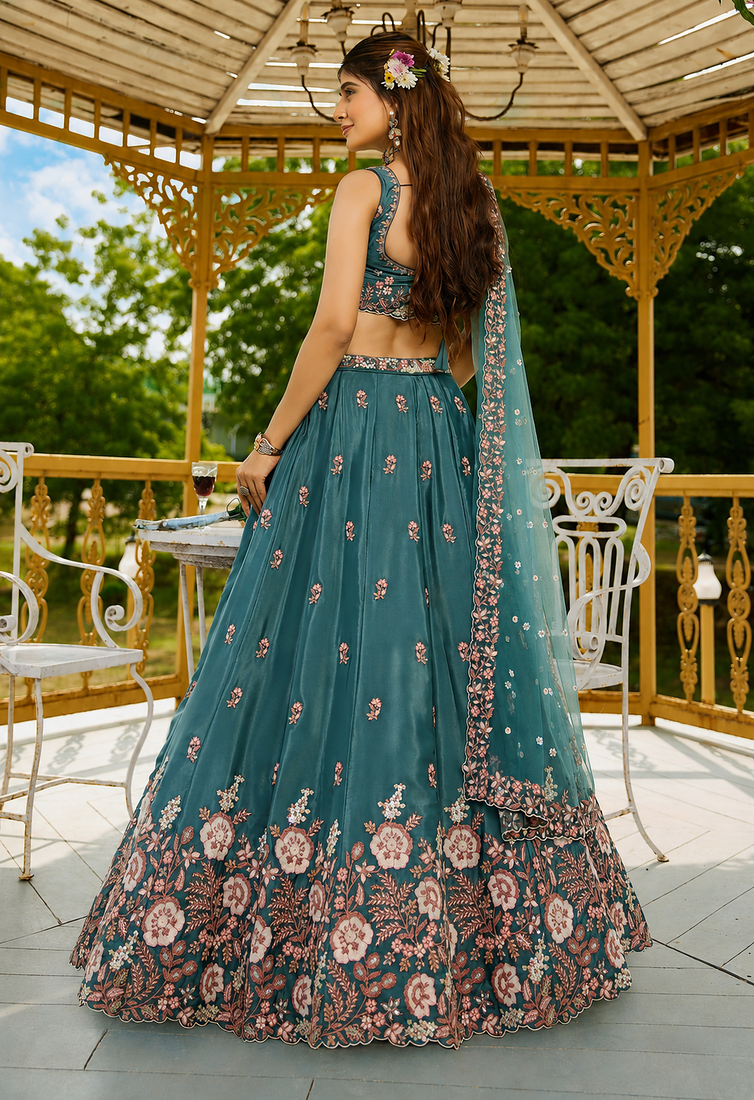 Women's Teal Green Zari Sequence Embroidery Work Lehenga Choli