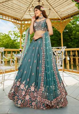 Women's Teal Green Zari Sequence Embroidery Work Lehenga Choli 5