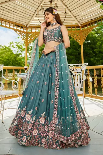 Women's Teal Green Zari Sequence Embroidery Work Lehenga Choli
