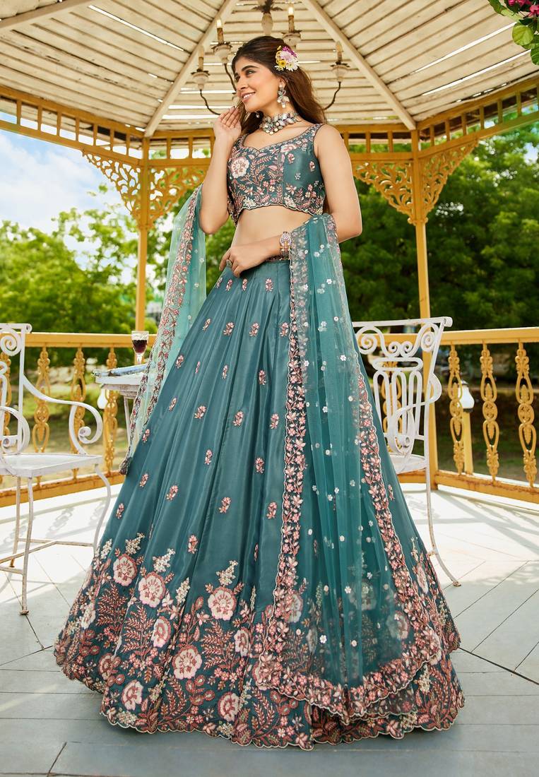 Women's Teal Green Zari Sequence Embroidery Work Lehenga Choli