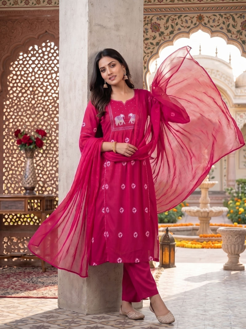 elephant embroidery bandhani kurti set with dupatta