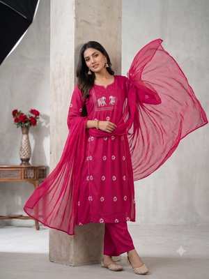 Elephant embroidery bandhani kurti set with dupatta 2
