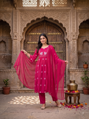 elephant embroidery bandhani kurti set with dupatta 3