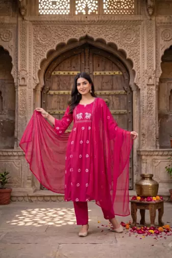 elephant embroidery bandhani kurti set with dupatta