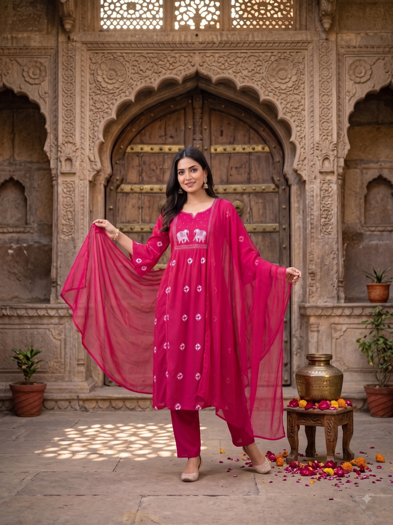 elephant embroidery bandhani kurti set with dupatta