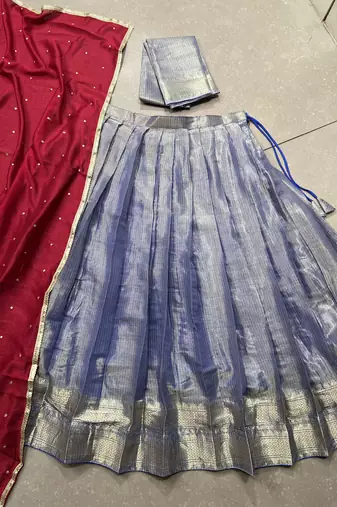 Royal Blue Silk Lehenga Choli with Contrast Maroon Dupatta
