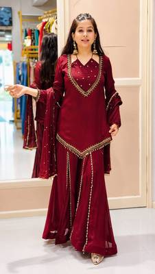 Maroon Roman Glass Ready to Wear Kurti with Sharara & Chanderi Silk Dupatta Set 3