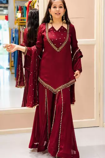 Maroon Roman Glass Ready to Wear Kurti with Sharara & Chanderi Silk Dupatta Set