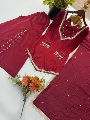 Maroon Roman Glass Ready to Wear Kurti with Sharara & Chanderi Silk Dupatta Set 4