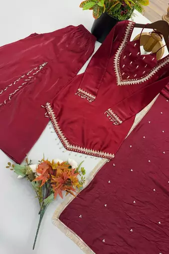 Maroon Roman Glass Ready to Wear Kurti with Sharara & Chanderi Silk Dupatta Set